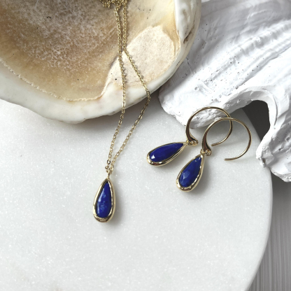 Collana con goccia di lapislazzuli blu, in argento dorato 925, lunghezza 42+3 cm