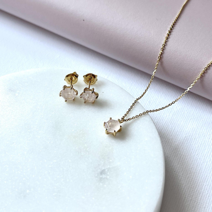 Collier avec quartz rose naturel, en argent doré 925, longueur 42 + 3 cm