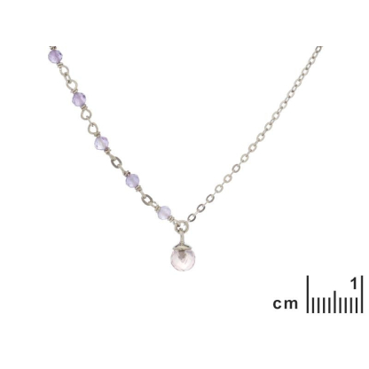 Collar con amatista y cuarzo rosa, en plata 925 rodiada, largo 42 + 3 cm