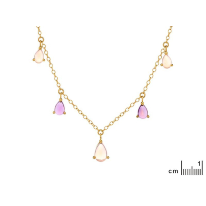 Drop necklace with natural amethyst and rose quartz, gold plated silver, 42 + 3 cm