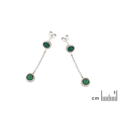Orecchini pendenti rotondi con agata verde colorata, argento 925 rodiato