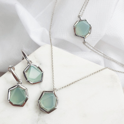 Halskette mit naturgefärbtem Aqua-Achat, rhodiniertes Silber 925, Länge 42 + 3 cm