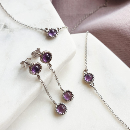 Collier ronde avec améthyste violette, en argent rhodié 925, longueur 40+5cm