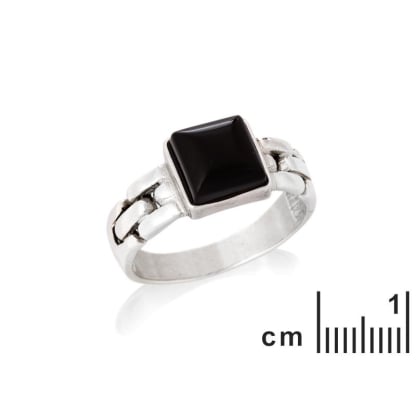Chevalière avec onyx noir naturel carré, en argent rhodié 925