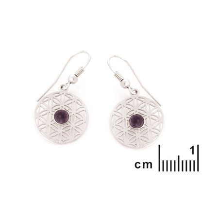 Boucles d'oreilles fleur de vie avec améthyste violette, en argent rhodié 925