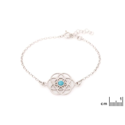 Armband Blume des Lebens mit Türkis, aus 925 rhodiniertem Silber, Länge 16+ 3 cm