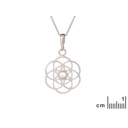 Pingente flor da vida com quartzo rosa, em prata 925 banhada a ródio, diâmetro 2+1 cm