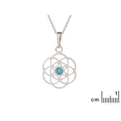 Flower of life pendant with turquoise, in 925 rhodium silver, diameter 2+1 cm