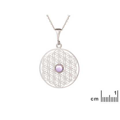Ciondolo fiore della vita con ametista viola, argento 925 rodiato, 2,7+1 cm