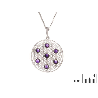 Flower of life pendant with purple amethyst, 925 rhodium silver, 2.7+1 cm