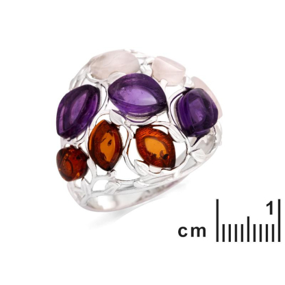 Bague avec multipierres multicolores naturelles, en argent rhodié 925
