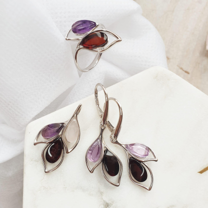 Ring with amethyst and amber, in rhodium-plated silver 925