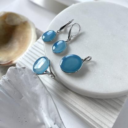 Brincos pendentes com ágata azul oval, prata 925 banhada a ródio