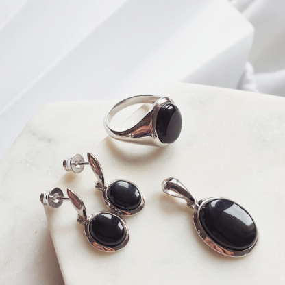 Oval Tinted Black Agate Dangle Earrings, 925 Rhodium Silver