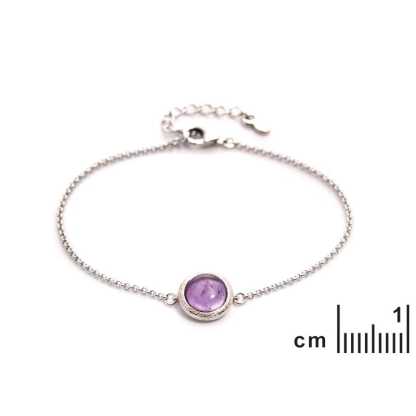 Bracelet avec améthyste violette ronde, en argent rhodié 925, longueur 15,5+3 cm