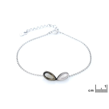 Armband mit Rosenquarz und Rauchquarz, aus 925 rhodiniertem Silber, Länge 17+3 cm