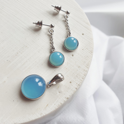 Pendentif rond avec agate bleue teintée ronde, argent 925, hauteur 1,2+1,1 cm