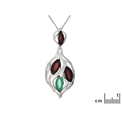 Anhänger mit Bernstein und grünem Achat, aus 925 rhodiniertem Silber, Höhe 4,3 cm