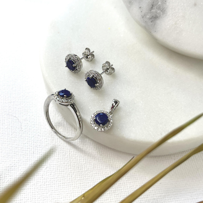 Bague avec lapis-lazuli et oxyde de zirconium, en argent rhodié 925