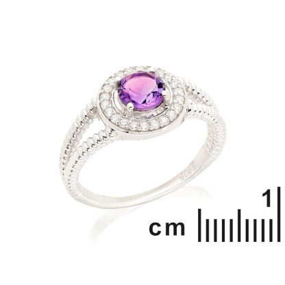 Ring with amethyst and zirconium oxide, in rhodium-plated silver 925