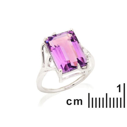 Large stone ring with natural purple amethyst, rhodium silver