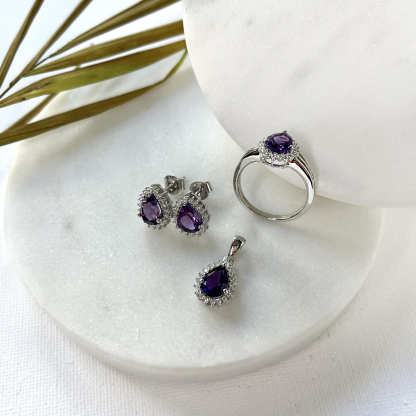 Boucles d'oreilles avec améthyste et oxyde de zirconium, en argent rhodié 925