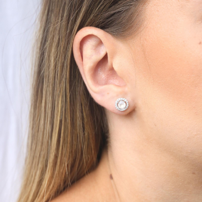 Boucles d'oreilles avec pierre de lune et oxyde de zirconium, argent rhodié 925