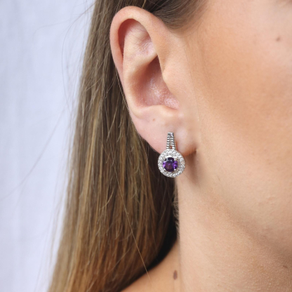Earrings with amethyst and zirconium oxide, in rhodium-plated silver 925