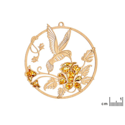 Decoración de colibrí con ámbar del Báltico y madera de abedul