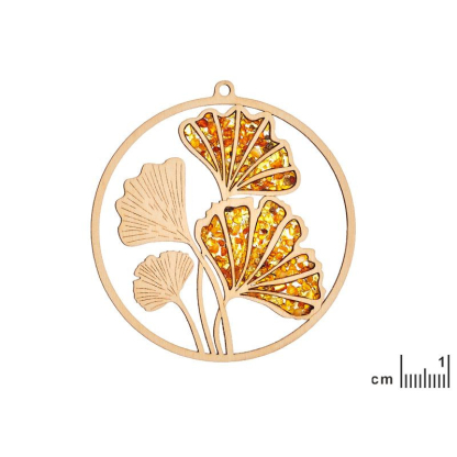 Décoration en forme de ginkgo avec ambre de la mer Baltique et bois de bouleau