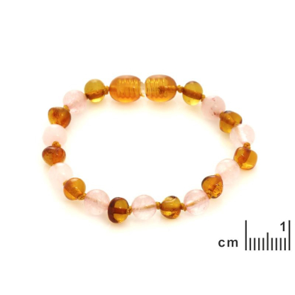 Bracelet bébé avec ambre et quartz rose, fermoir vis, longueur 12-13 cm