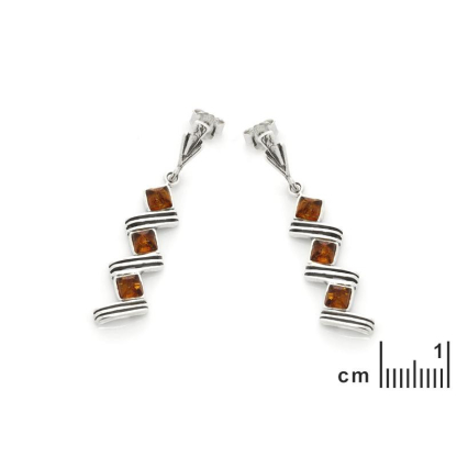 Pendientes colgantes con ámbar coñac natural, en plata 925 rodiada