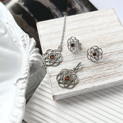 Boucles d'oreilles coeur avec ambre cognac naturel, en argent rhodié 925