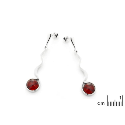 Boucles d'oreilles longues avec ambre cognac naturel rond, en argent rhodié 925