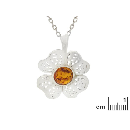 Ciondolo fiore con ambra tonda cognac, in argento 925 rodiato, altezza 1,8 cm