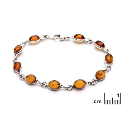 Bracciale con ambra naturale cognac ovale, in argento 925 rodiato, lunghezza 18 cm