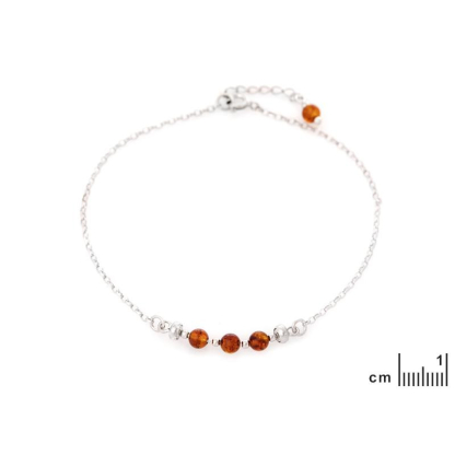 Pulsera con bola de ámbar coñac, en plata 925 rodiada, longitud 23+4 cm