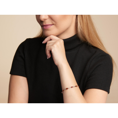 Bracelet avec ambre cognac navette, en argent rhodié 925, longueur 18 cm