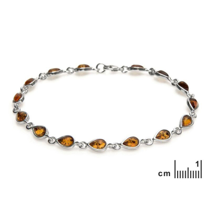 Pulseira com gota âmbar conhaque, em prata 925 banhada a ródio, comprimento 18 cm