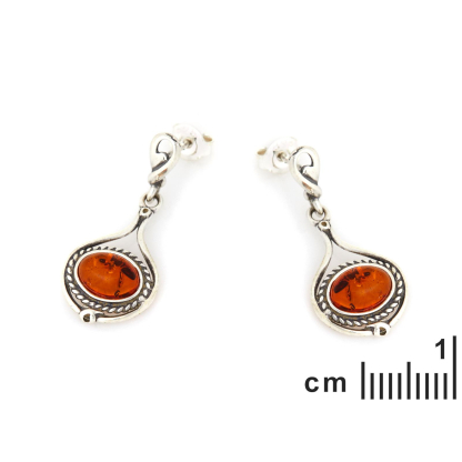 Brincos pendentes com âmbar conhaque natural, em prata 925 envelhecida