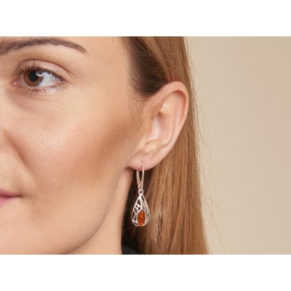 Boucles d'oreilles pendantes avec ambre cognac naturel, en argent rhodié 925