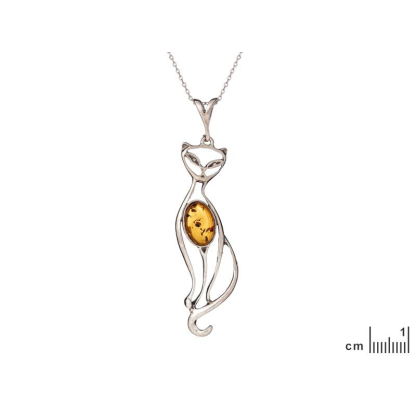 Ciondolo gatto con ambra cognac ovale, in argento 925 rodiato, altezza 5,5+1 cm