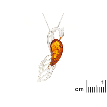 Colgante de pavo real con gota de ámbar coñac, en plata 925 rodiada, altura 5 cm