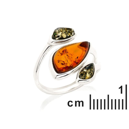 Multi-stone ring with natural multi-colored amber, rhodium-plated silver