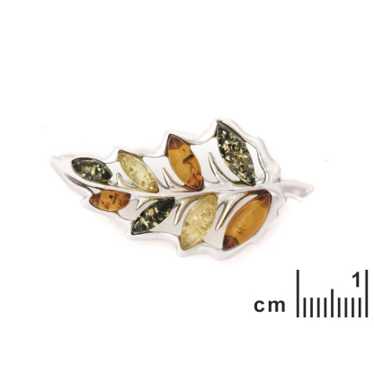 Brooch with natural multi-colored amber from the Baltic Sea, in 925 rhodium-plated silver