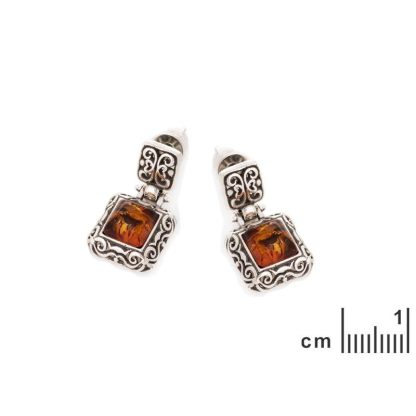 Vierkante bungelende oorbellen met vierkante cognac amber, gerhodineerd zilver 925