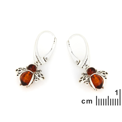 Boucles d'oreilles abeille avec ambre cognac naturel, en argent vieilli 925