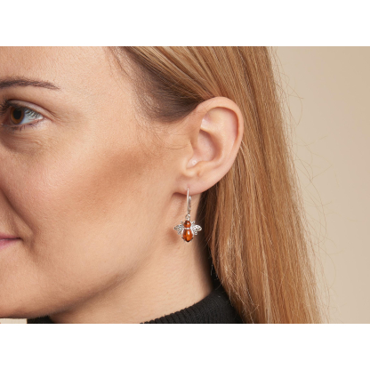 Boucles d'oreilles abeille avec ambre cognac naturel, en argent vieilli 925