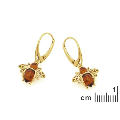 Bee earrings with natural cognac amber, in 925 gold plated silver