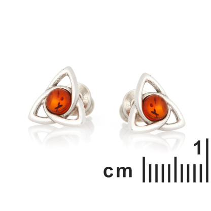 Brincos Triquetra com âmbar conhaque natural, em prata 925 banhada a ródio